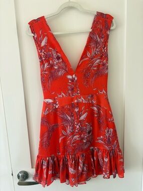 ALEXIS Floral Wrap Ruffle Hem Mini Dress | Red Coral | V-Neck | small NWT